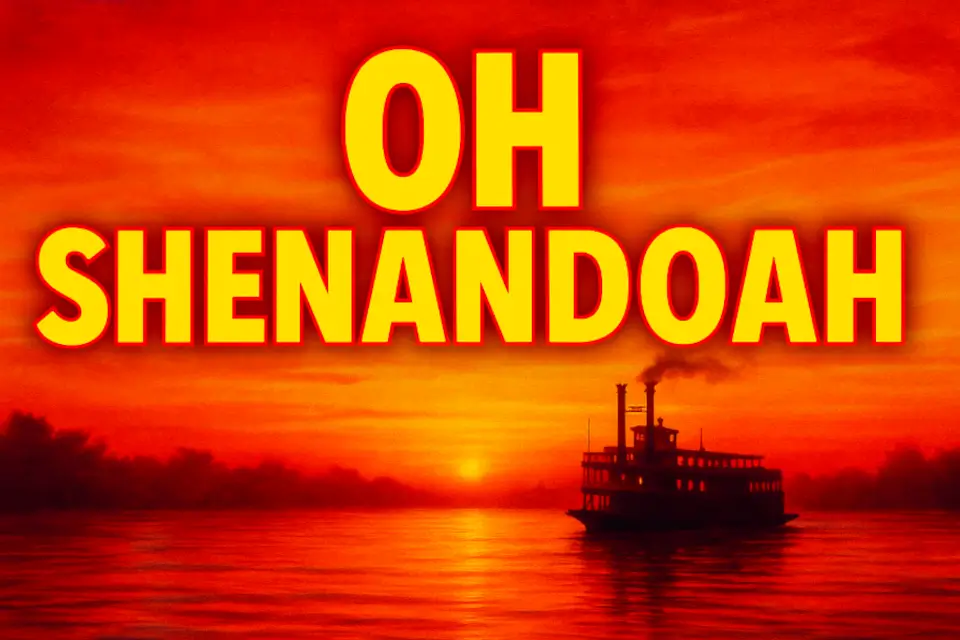 Sunset over a river with a silhouetted steamboat and acoustic guitar, bold “Oh Shenandoah” text in center