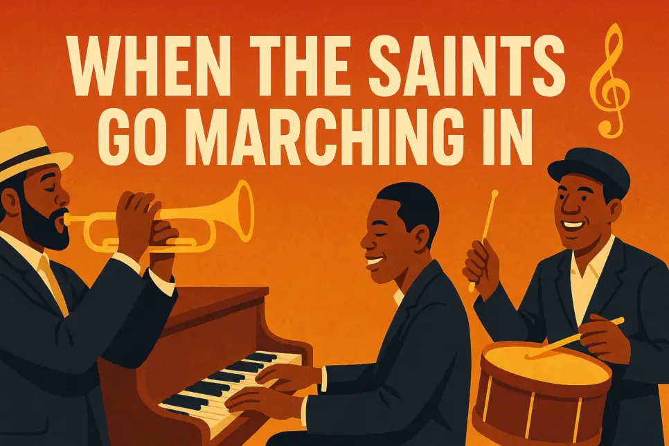 YouTube thumbnail for American Bard’s gospel-jazz cover of “When the Saints Go Marching In” featuring trumpet, piano and drum silhouettes on a sunset-orange background