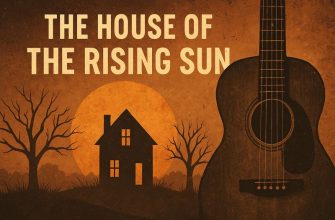 An acoustic guitar in front of a silhouetted house with the text “The House of the Rising Sun”